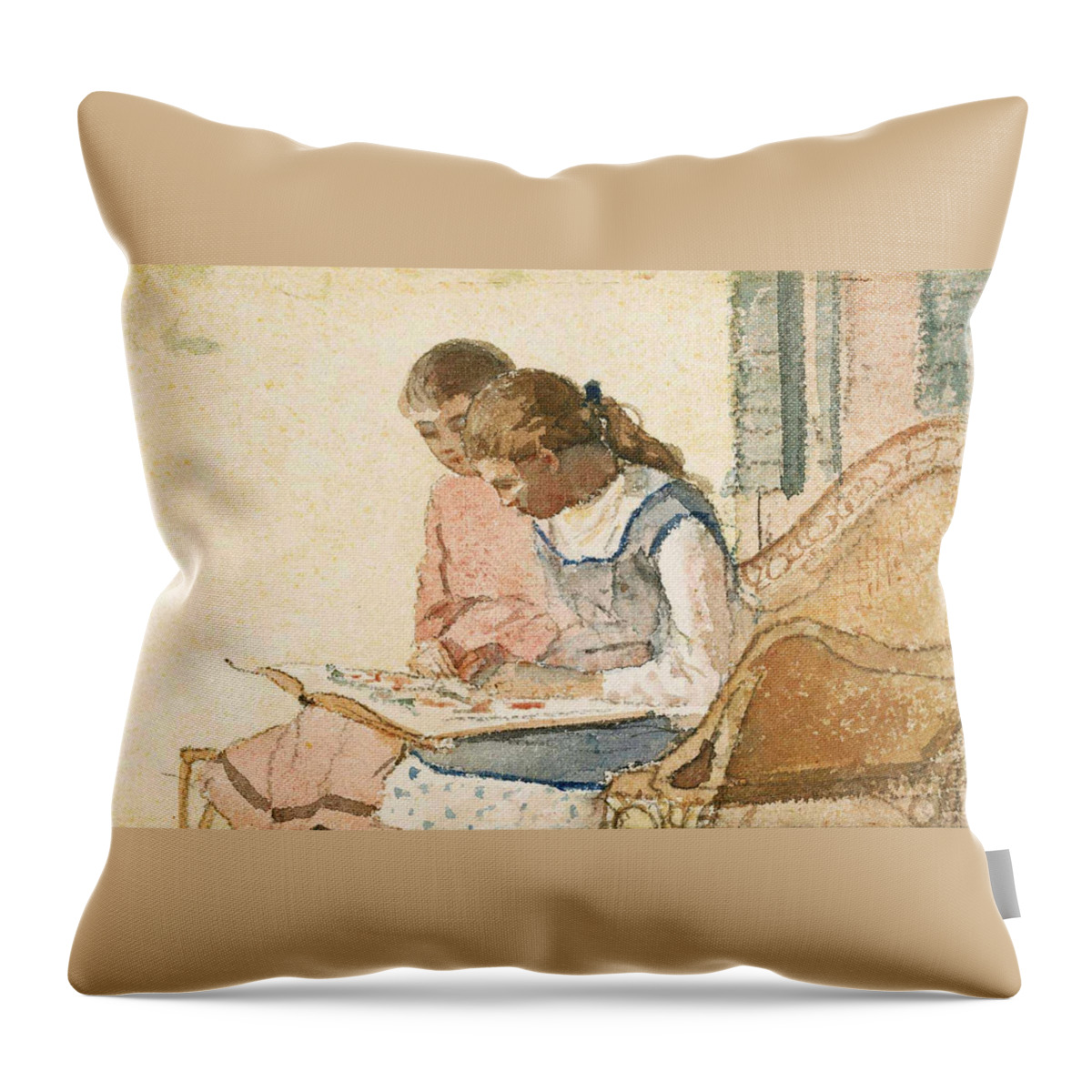 Winslow Homer Throw Pillow featuring the painting Two Girls Looking at a Book by Winslow Homer