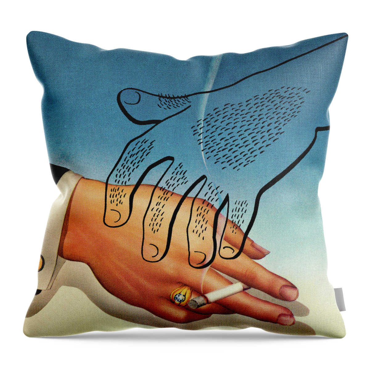 Addiction Throw Pillow featuring the drawing Two Hands and Cigarette by CSA Images