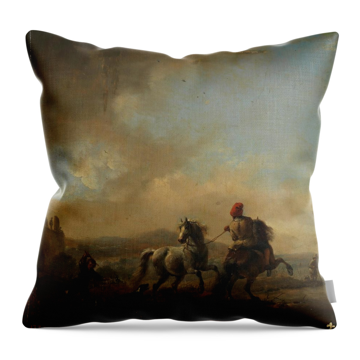 Philips Wouwerman Throw Pillow featuring the painting 'Two Horses', ca. 1650, Dutch School, Oil on panel, 33 cm x 32 cm, P02146. by Philips Wouwerman -1619-1668-