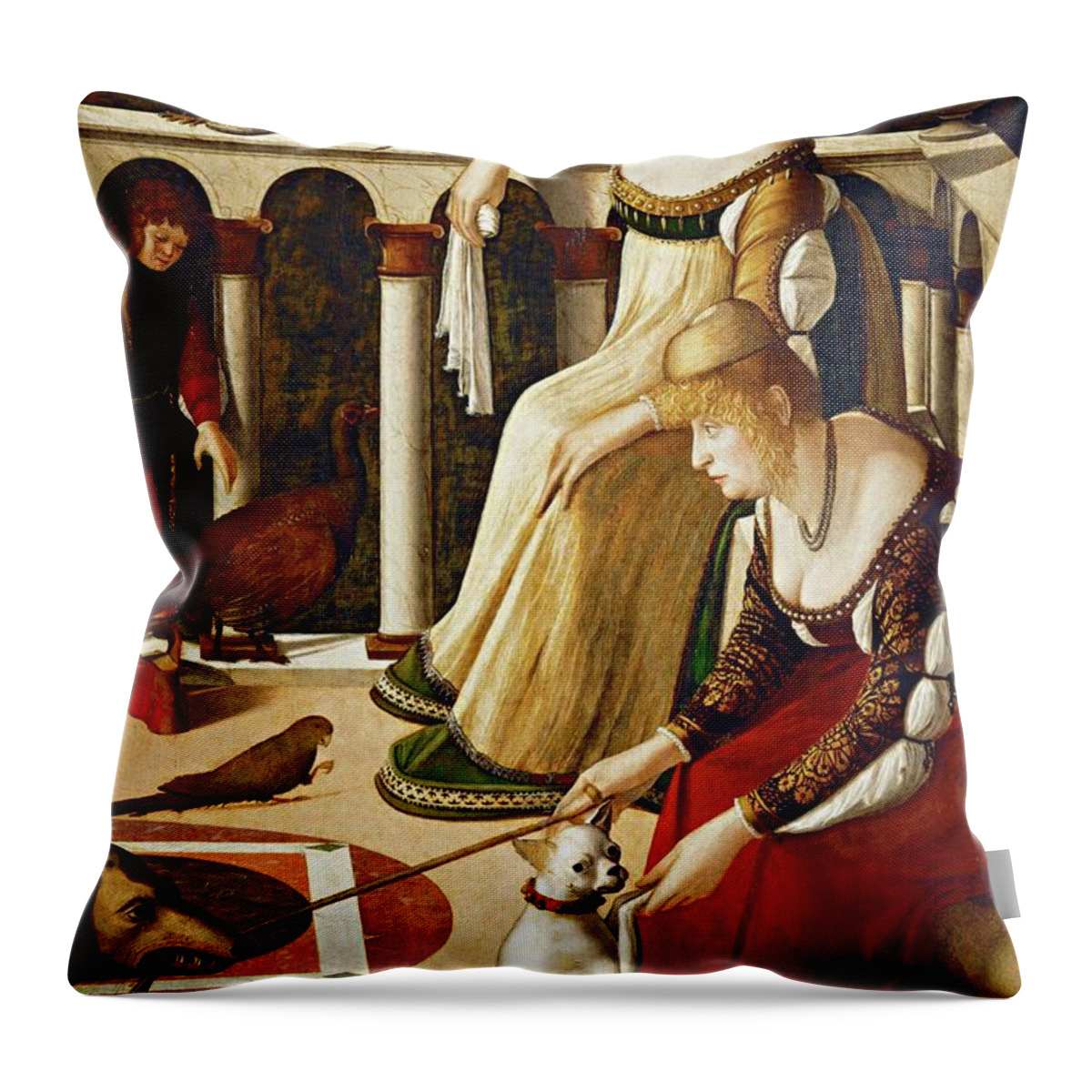 Vittore Carpaccio Throw Pillow featuring the painting Two venetian courtesans. by Vittore Carpaccio -c 1460-1526-