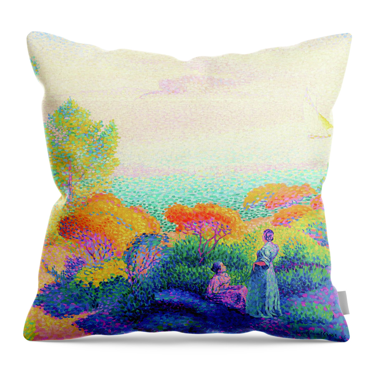 Two Women By The Shore Throw Pillow featuring the painting Two Women by the Shore, Mediterranean - Digital Remastered Edition by Henri Edmond Cross