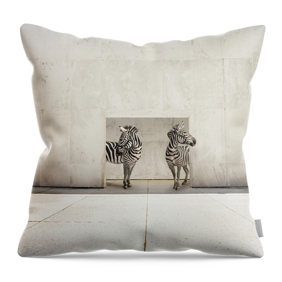 #faatoppicks Throw Pillow featuring the photograph Two Zebras At Doorway Of Large White by Matthias Clamer