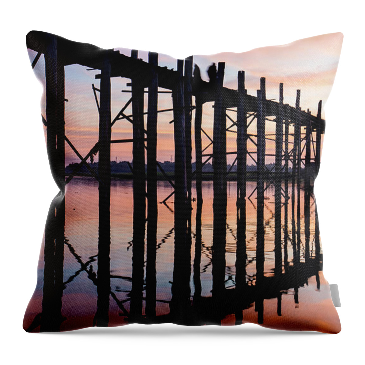 Bridge Throw Pillow featuring the photograph U Bein bridge at sunrise by Ann Moore