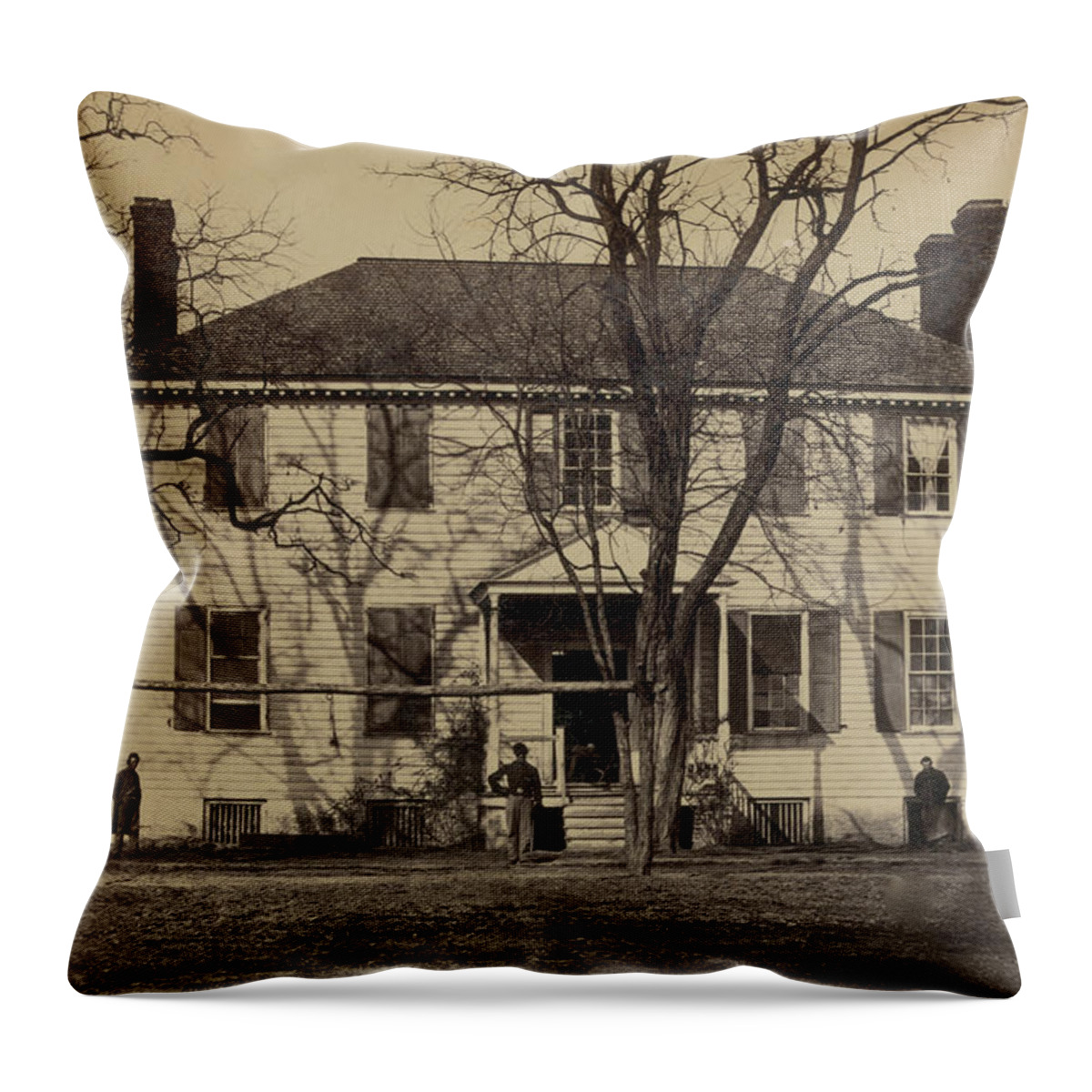 Union Throw Pillow featuring the painting Union soldiers in front of a house by 