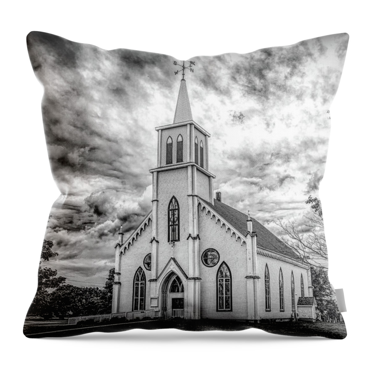 United Church Of Canada Throw Pillow featuring the photograph Picturesque in Malpeque, Black and White by Marcy Wielfaert