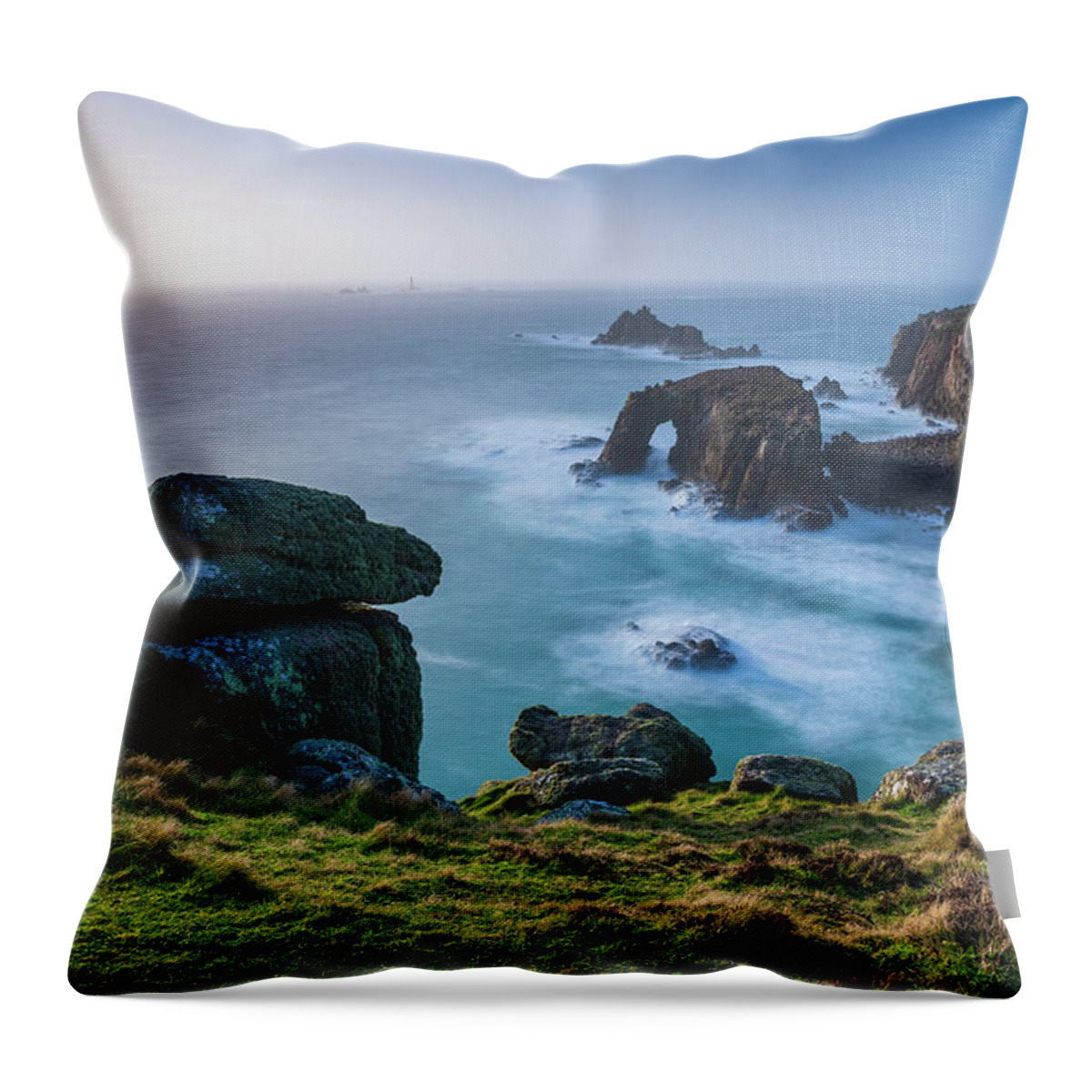 Estock Throw Pillow featuring the digital art United Kingdom, England, Cornwall, Great Britain, Atlantic Ocean, British Isles, Penwith Peninsula, Enys Dodnan Arched Rock And The Armed Knight Rock In Distance Seen From Pordenack Point, Land's End by Sebastian Wasek