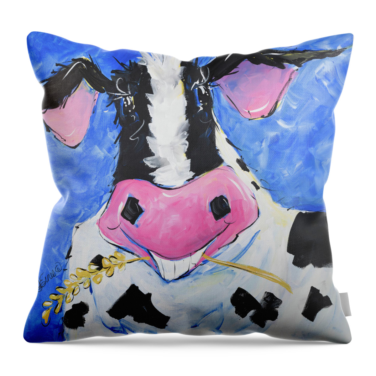 Cow Throw Pillow featuring the painting Up to no Good by Terri Einer