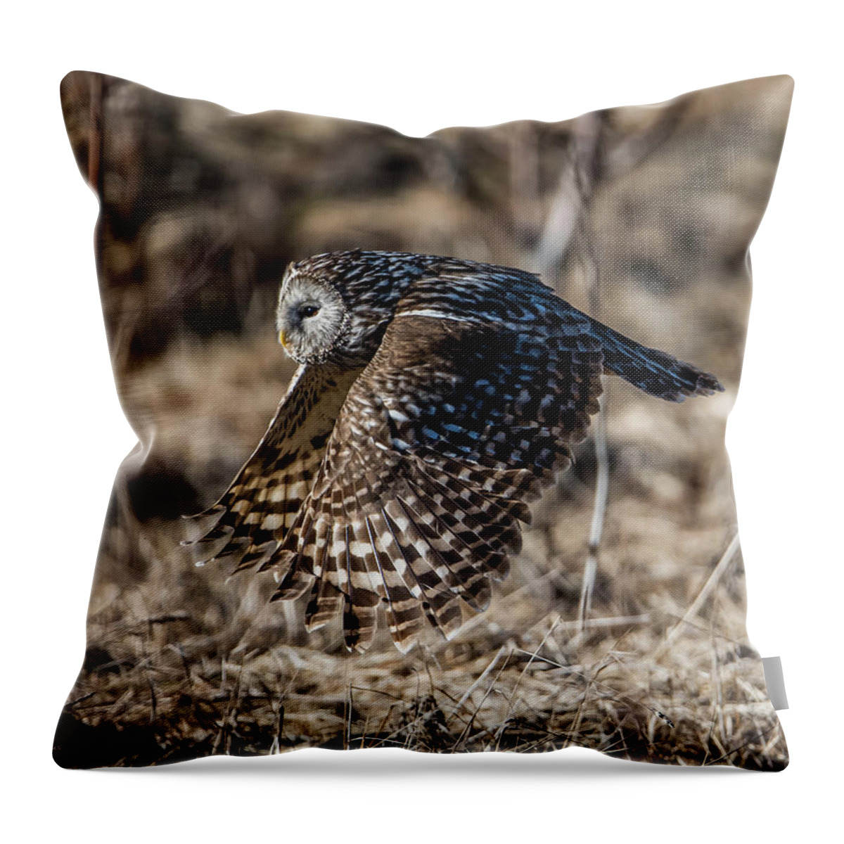 Ural Owl Throw Pillow featuring the photograph Ural owl flying close to the ground after catching a prey by Torbjorn Swenelius