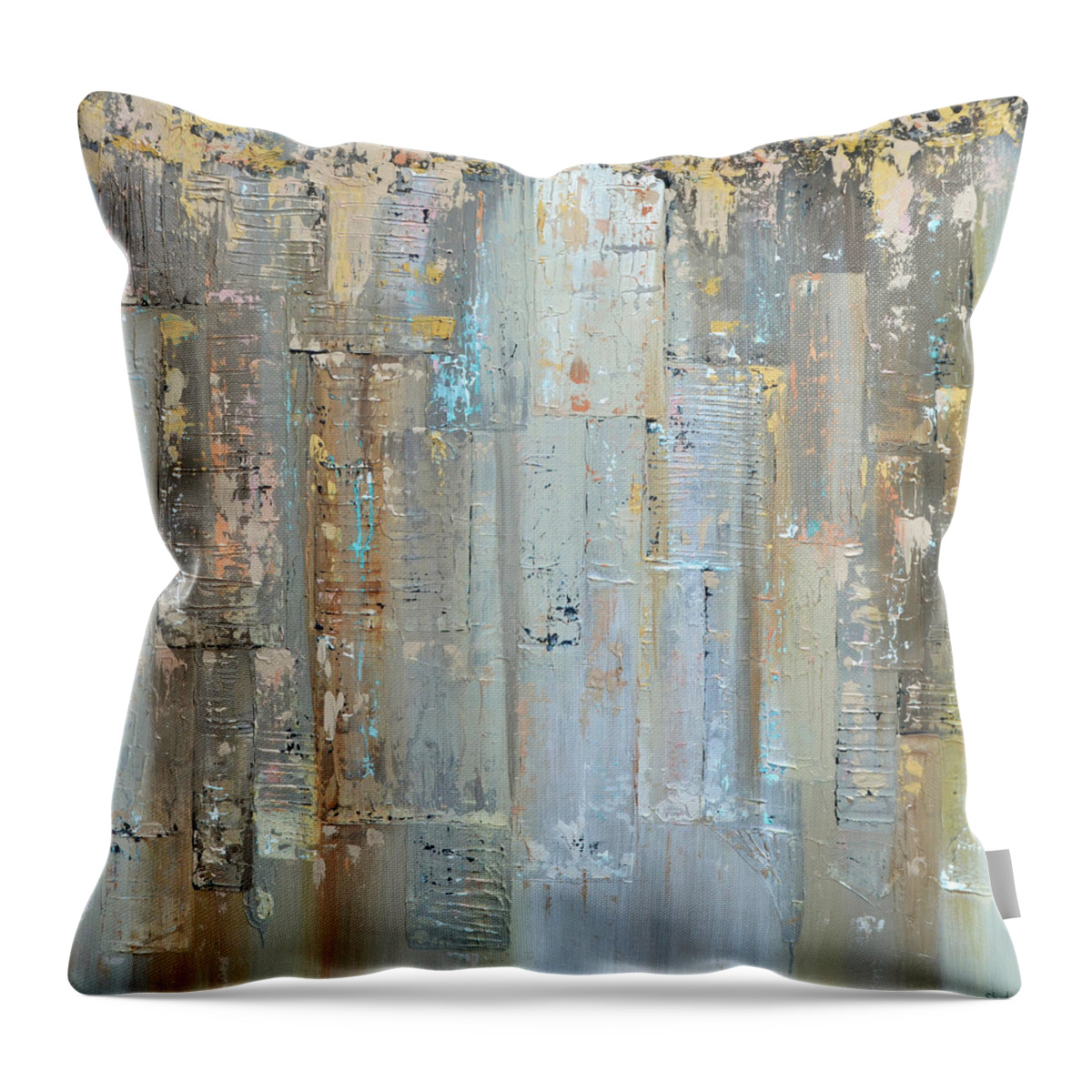 Urban Cityscape City New York Detroit Chicago Atlanta Gray Neutral Vertical Smoky Silver Gold Silver And Gold Reflection Waterscape Reflected Water Sky Nyc Day Lights Blue Pink Rose Gold Orange Rust City Light Turquoise Throw Pillow featuring the painting Urban Reflections II Day Version by Shadia Derbyshire