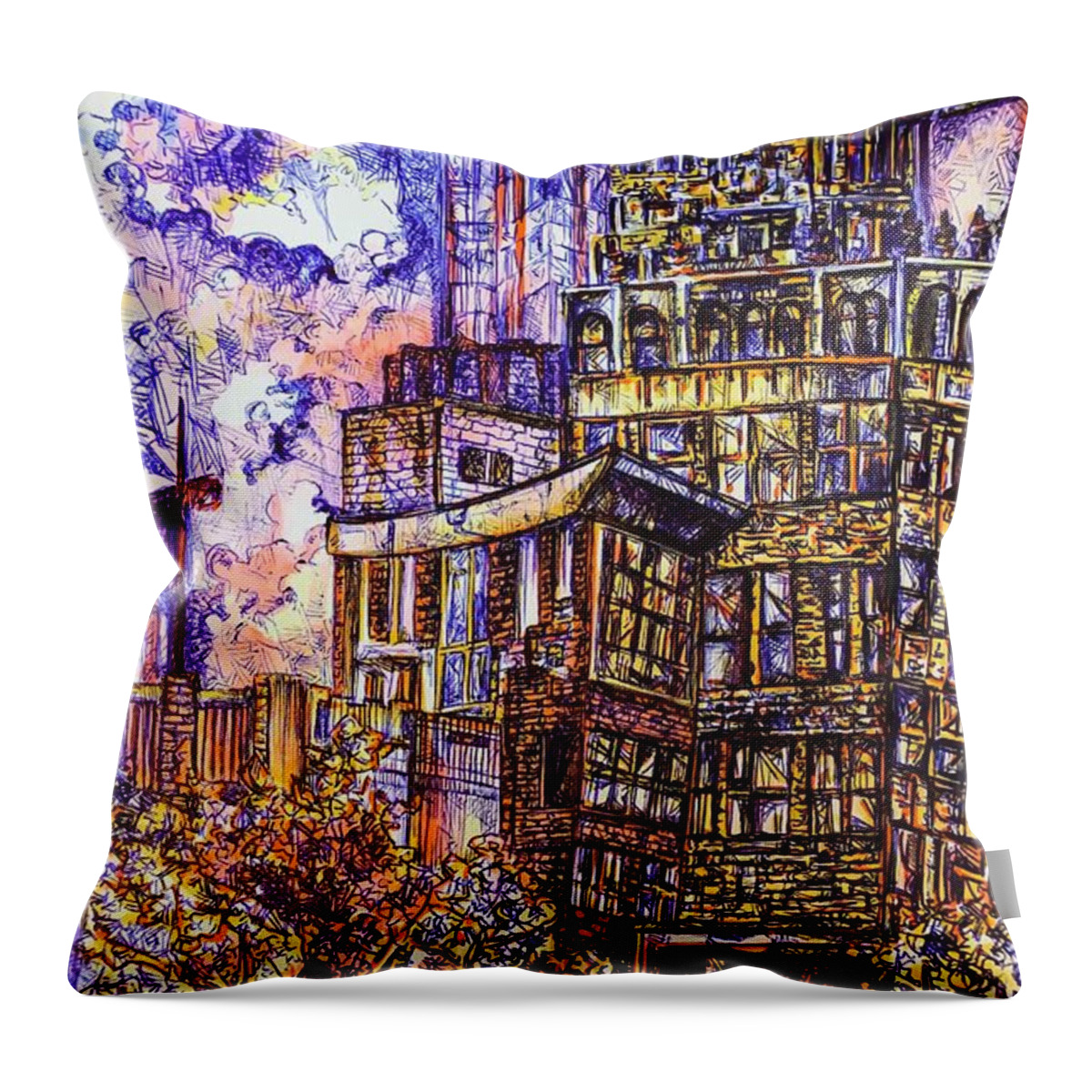 Urban Throw Pillow featuring the drawing Urban Twilight by Angela Weddle