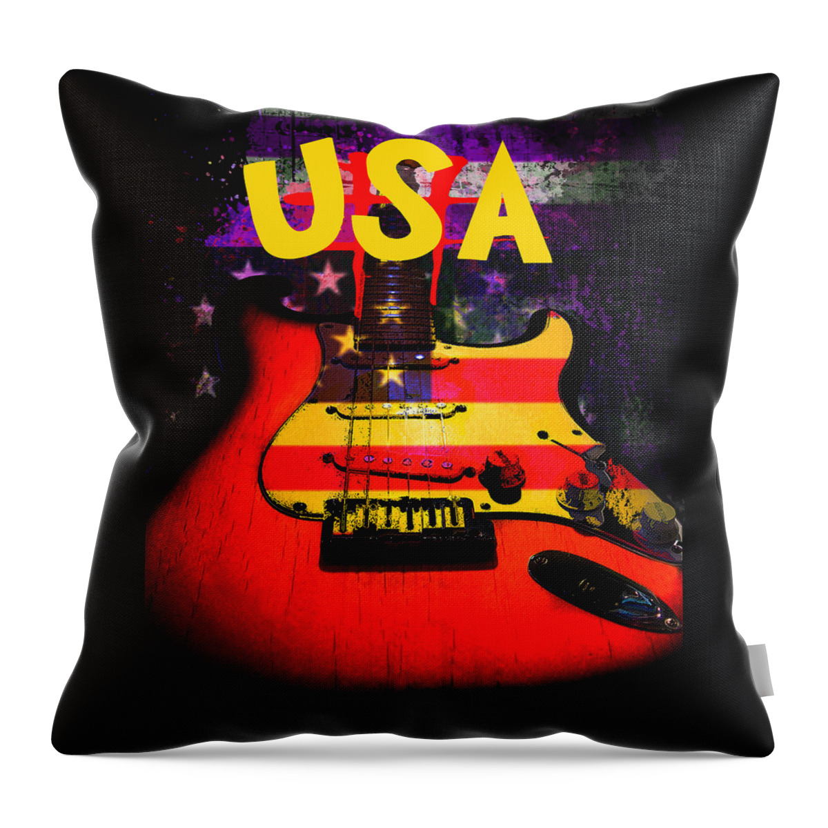Guitar Throw Pillow featuring the digital art USA Flag Guitar Purple Stars and Bars by Guitarwacky Fine Art