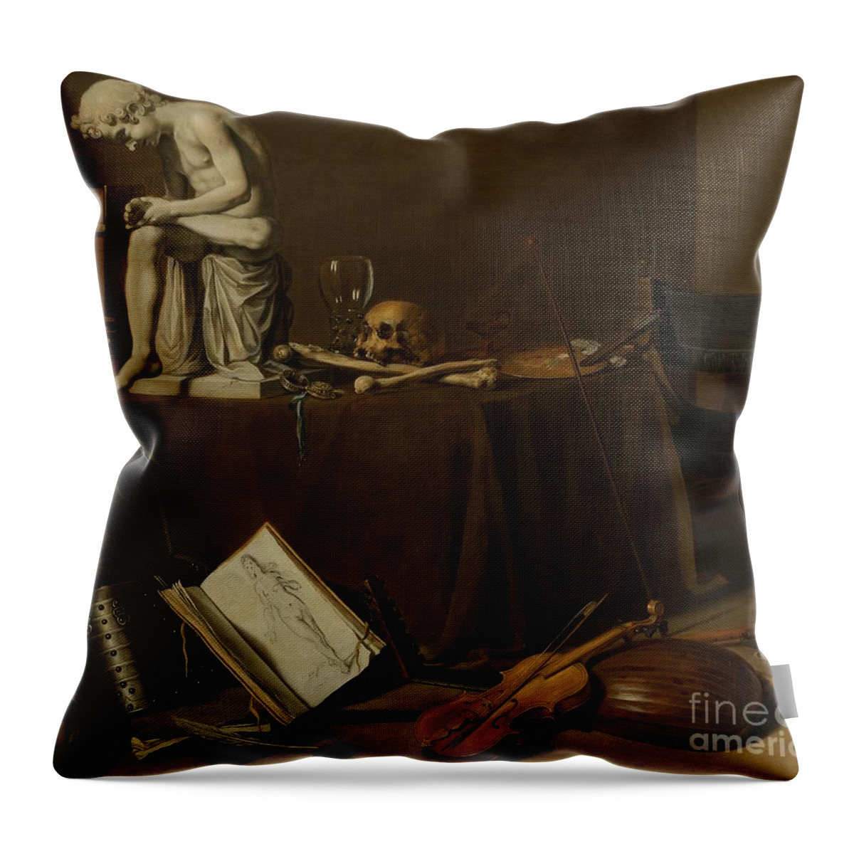 Vanitas Throw Pillow featuring the painting Vanitas Still Life With The Spinario, 1628 by Pieter Claesz