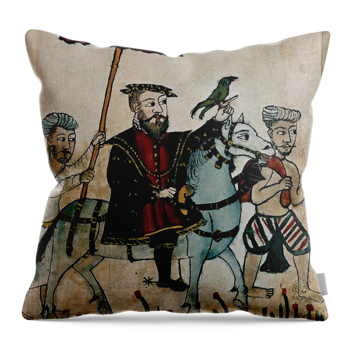 Vasco De Gama Throw Pillow featuring the drawing Vasco de Gama riding representing the Portuguese coming to India. Rome, Biblioteca Casanatense. by Album