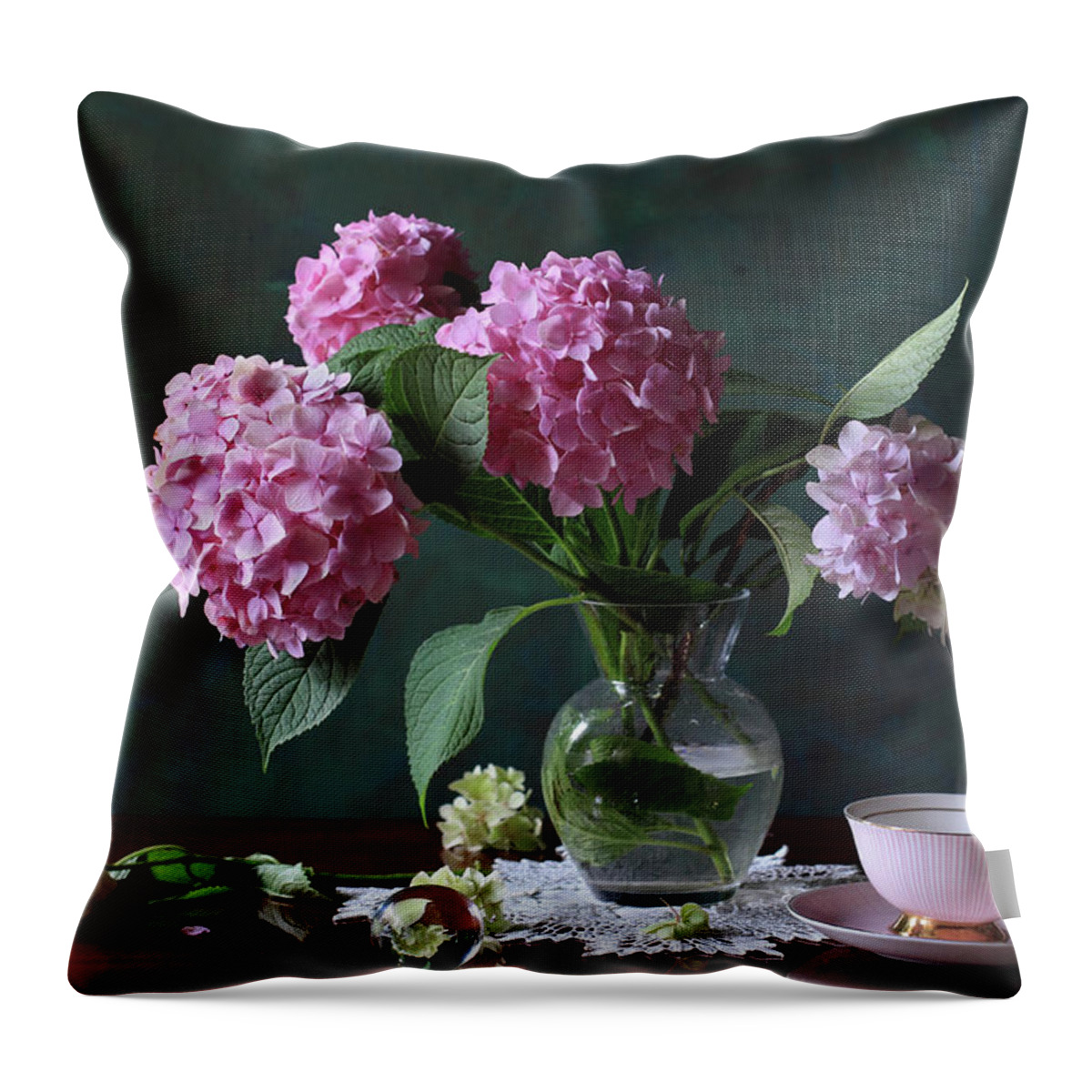 Vase Throw Pillow featuring the photograph Vase With Hortensia Flowers by Panga Natalie Ukraine