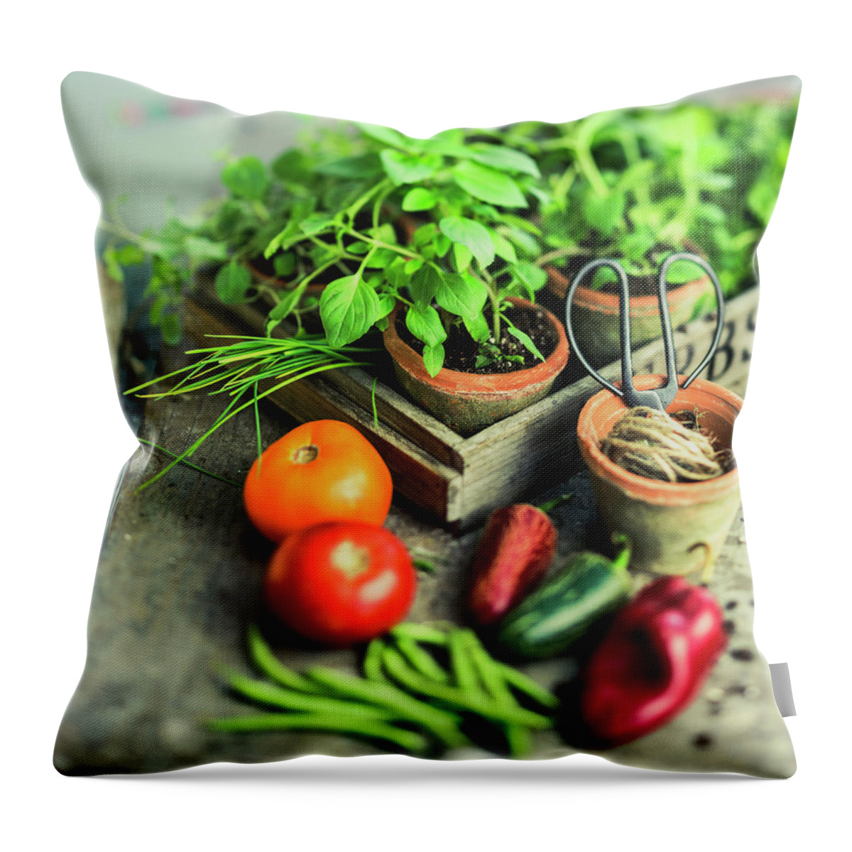 Red Bell Pepper Throw Pillow featuring the photograph Vegetables And Herbs by Thepalmer
