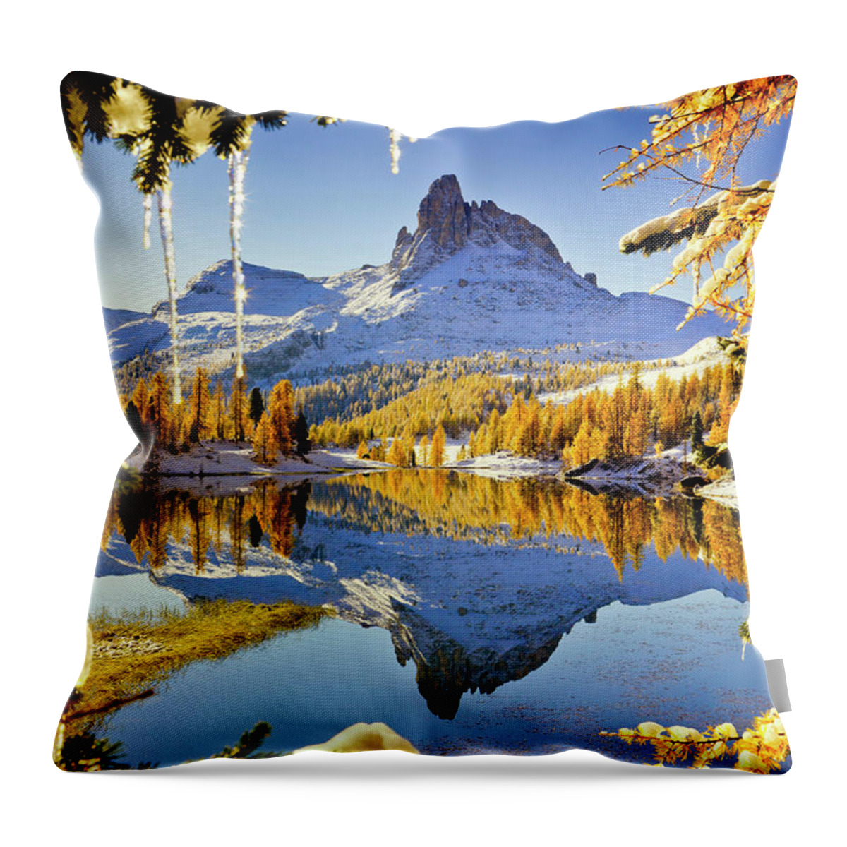 Estock Throw Pillow featuring the digital art Veneto, Alps, Federa Lake, Italy by Olimpio Fantuz