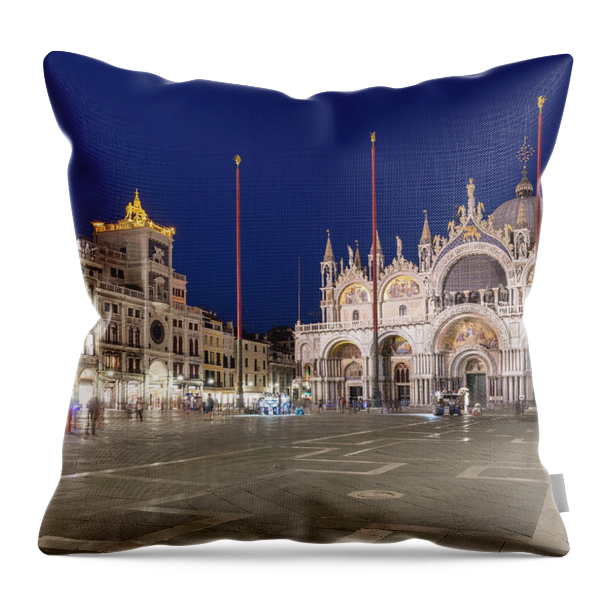 Piazza San Marco Throw Pillow featuring the photograph Venice Italy Night Magic - Saint Mark Square Piazza San Marco Blue Midnight by Georgia Mizuleva