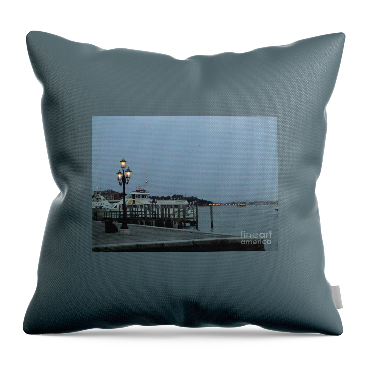 Venice Throw Pillow featuring the photograph Venice Italy San Marco Square Pier Promenade at Sundown Sunset Light Pole Panoramic View by John Shiron