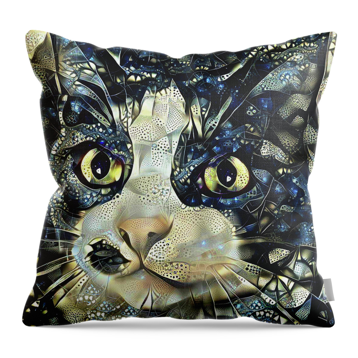 Black And White Cat Throw Pillow featuring the digital art Versacci the Black and White Rescue Cat by Peggy Collins