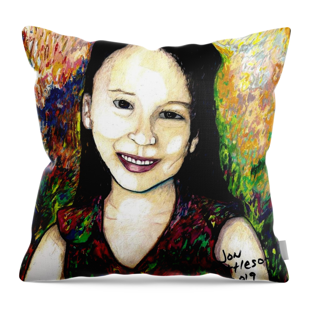 A Young Girl's Portrait Throw Pillow featuring the drawing Victory by Jon Kittleson