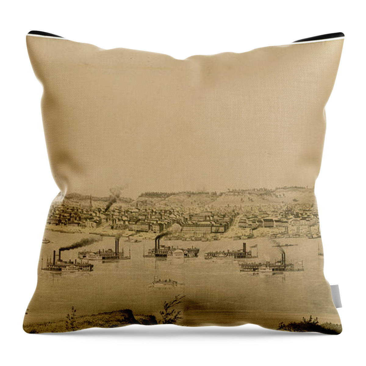 Paddle Wheeler Throw Pillow featuring the painting View of Cincinnati from the Ohio by Ehrgott