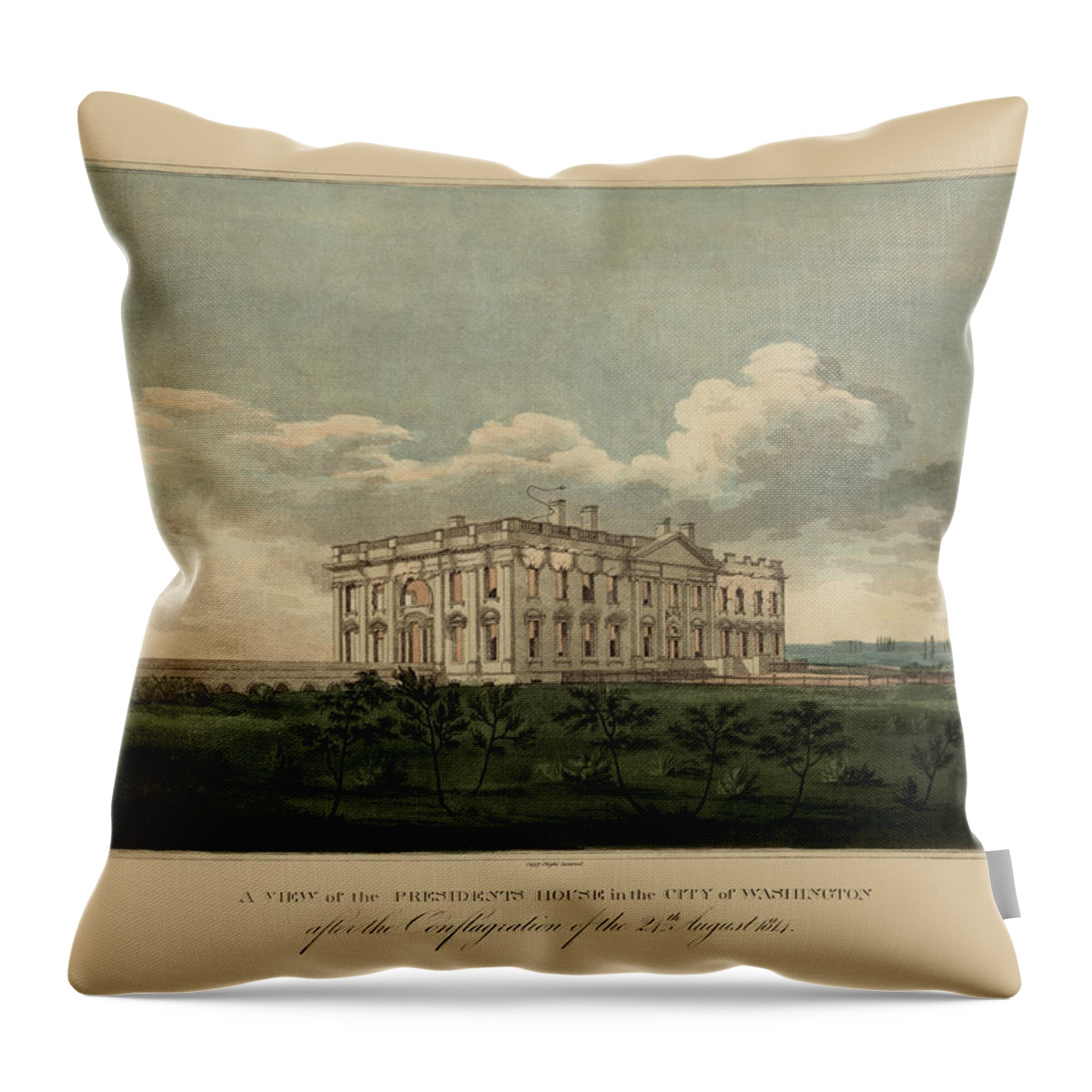 War Of 1812 Throw Pillow featuring the painting View of the Presidents house 1814 by William Strickland