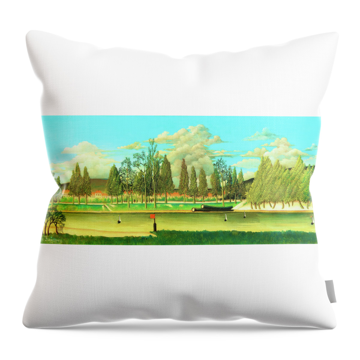 Henri Rousseau Throw Pillow featuring the painting View of the Quai Asnieres-The Canal and Landscape with Tree Trunks - Digital Remastered Edition by Henri Rousseau