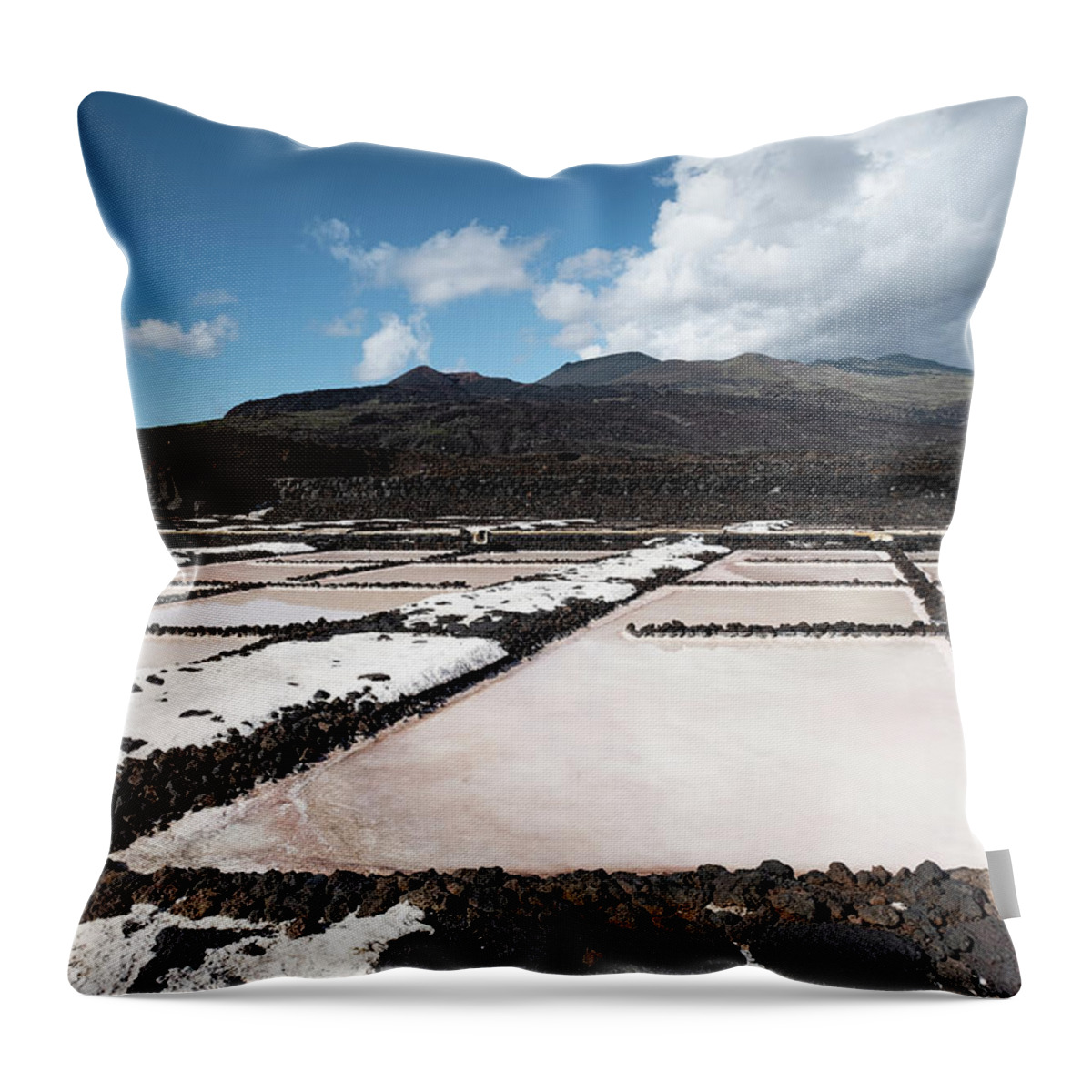 Ip_71316013 Throw Pillow featuring the photograph View Of The Salt Pans At Fuencaliente, In The Background The Volcano Of Tenegua, La Palma, Canary Islands, Spain, Europe by Sonia Aumiller