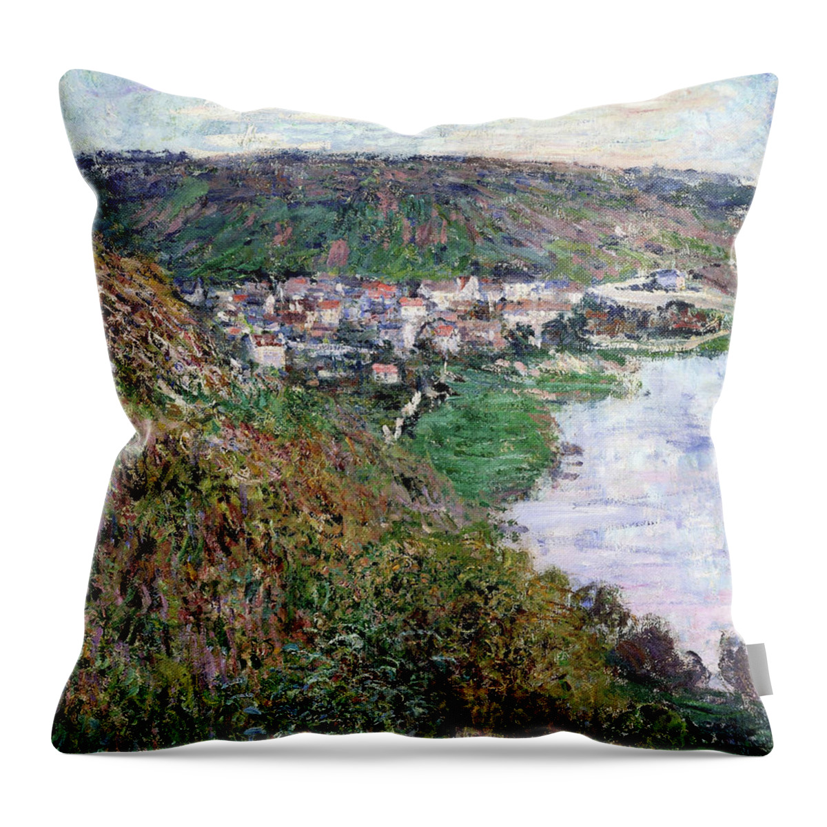 Claude Monet Throw Pillow featuring the painting View of Vetheuil - Digital Remastered Edition by Claude Monet