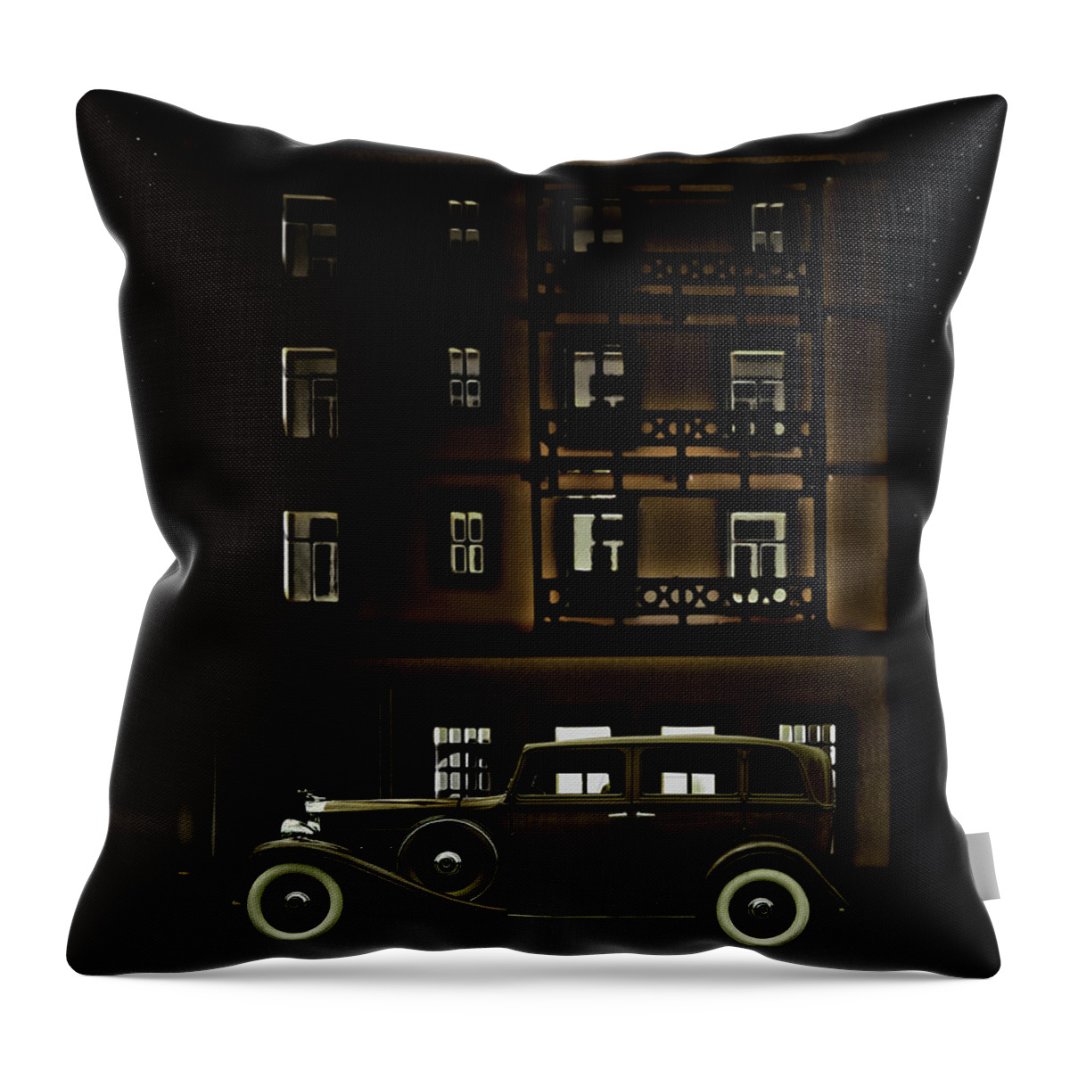 Apartment Throw Pillow featuring the photograph Vintage Car Outside Apartment Block At by Michael Duva