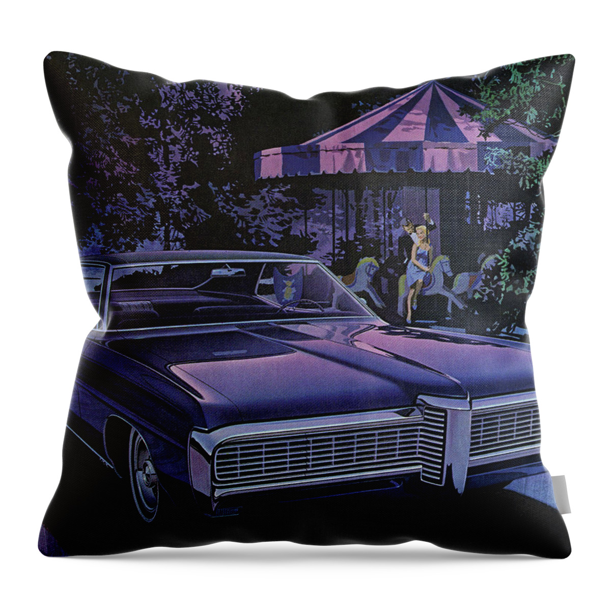Auto Throw Pillow featuring the drawing Vintage Car Parked in front of Merry-go-Round by CSA Images