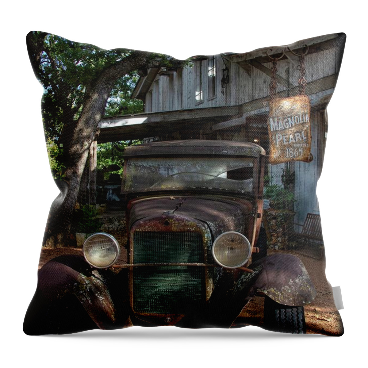 Texas Hill Country Throw Pillow featuring the photograph Vintage Charm of Magnolia Pearl in Fredericksburg by Lynn Bauer