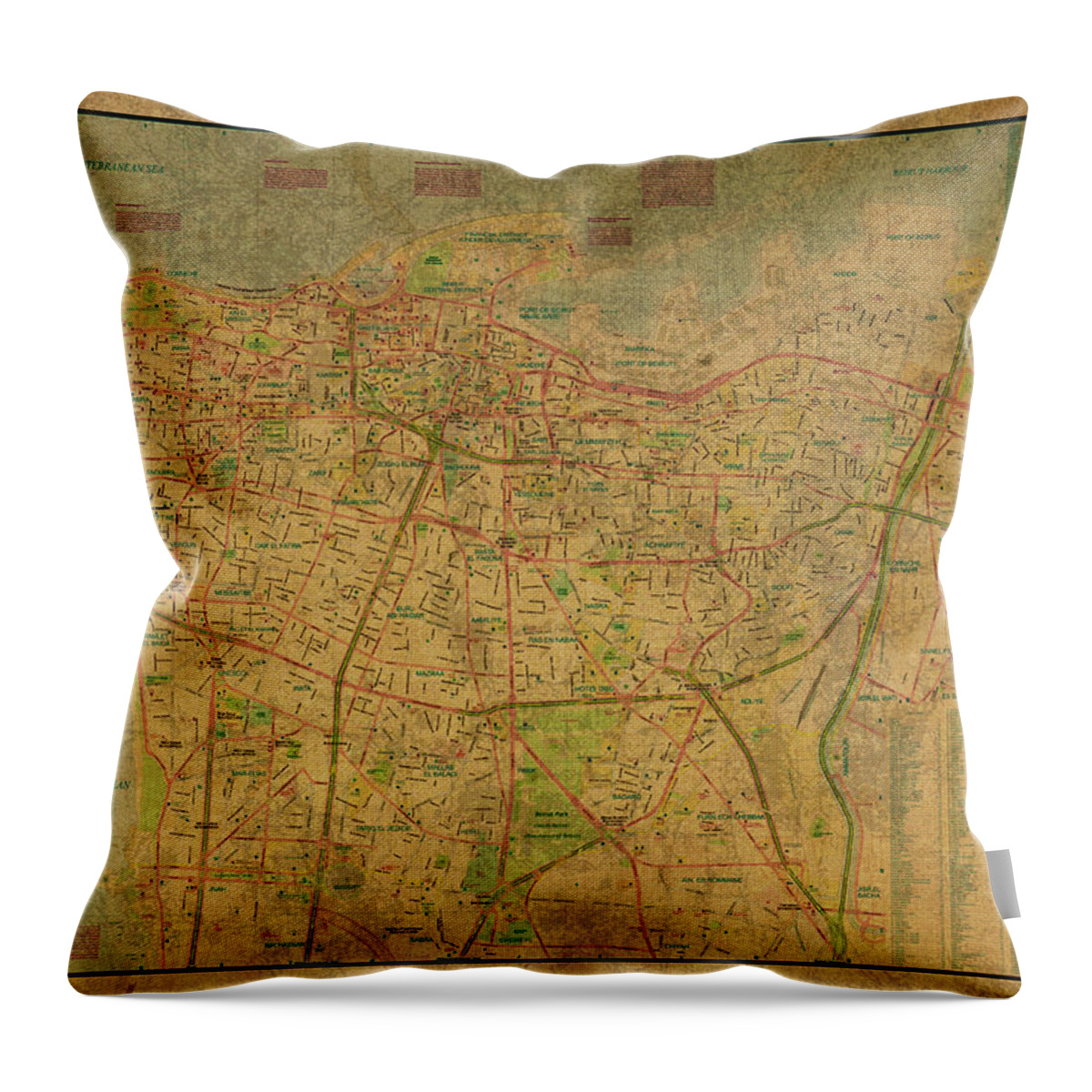 Vintage Throw Pillow featuring the mixed media Vintage Map of Beirut Lebanon by Design Turnpike