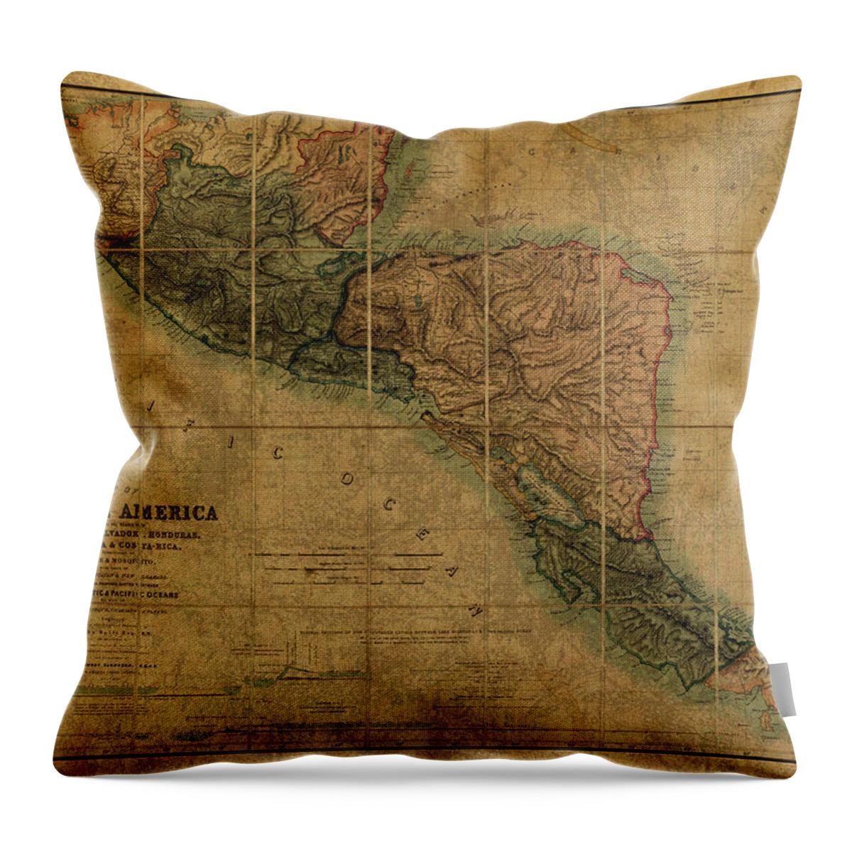 Vintage Throw Pillow featuring the mixed media Vintage Map of Central America 1850 by Design Turnpike