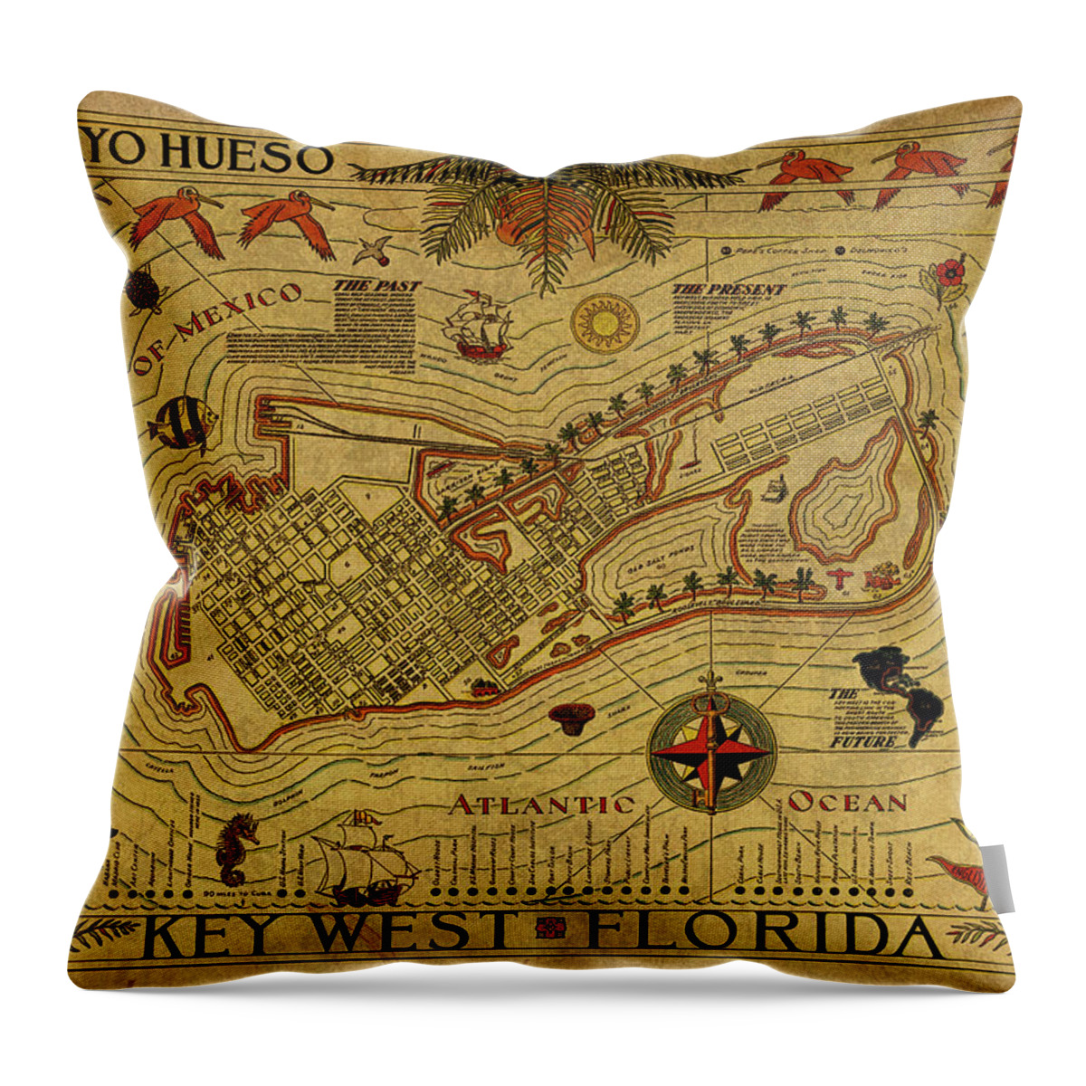Vintage Throw Pillow featuring the mixed media Vintage Map of Key West 2 by Design Turnpike