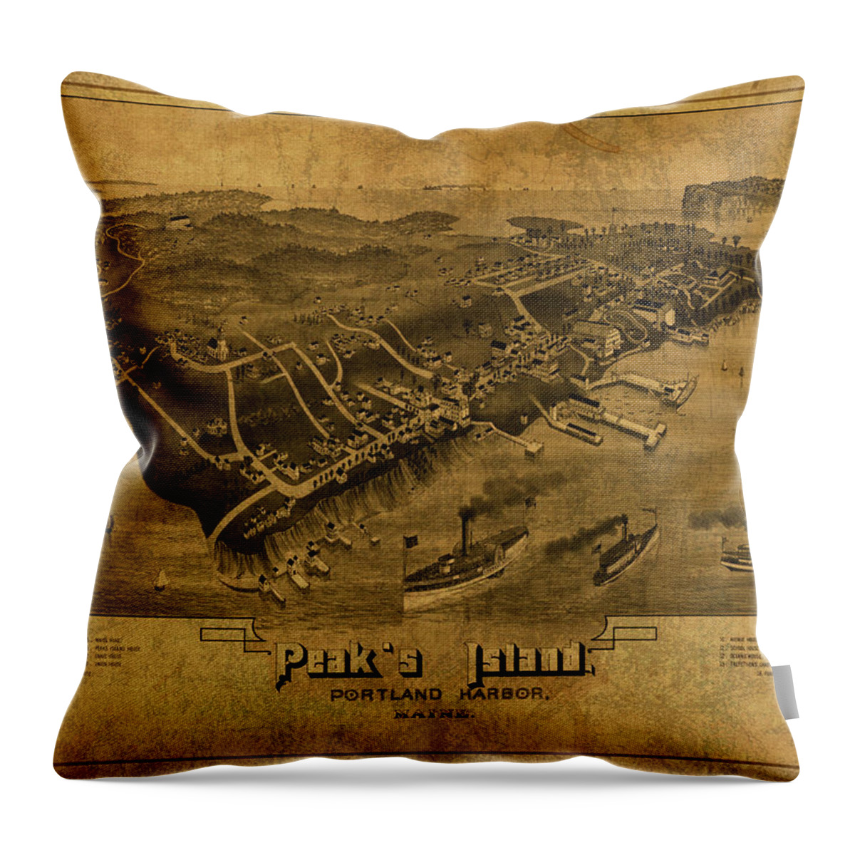 Vintage Throw Pillow featuring the mixed media Vintage Map of Peaks Island Portland Harbor Maine 1885 by Design Turnpike
