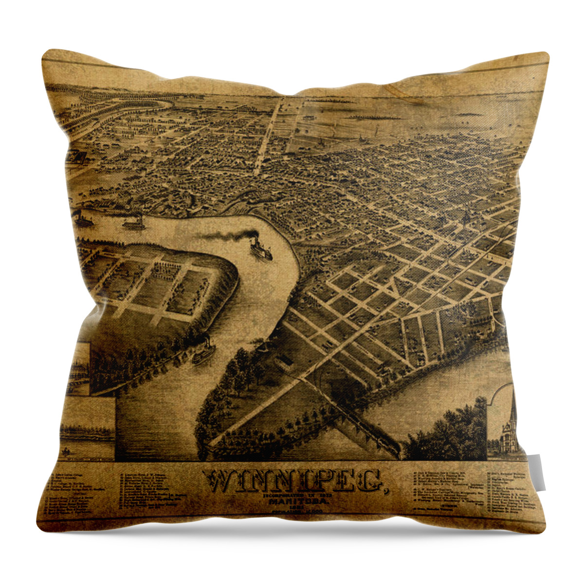 Vintage Throw Pillow featuring the mixed media Vintage Map of Winnipeg Canada 1881 by Design Turnpike