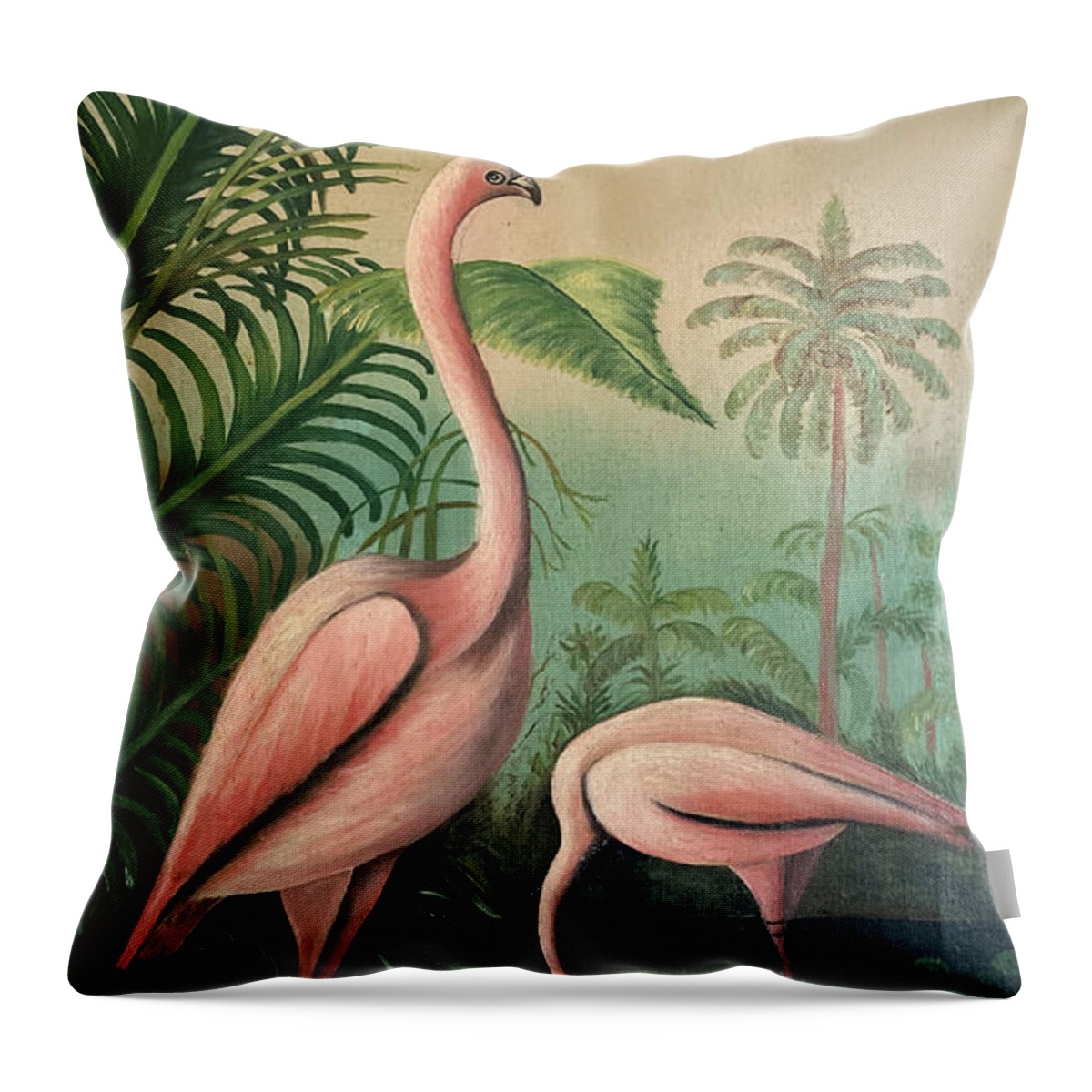Vintage Throw Pillow featuring the painting Vintage Painting Pink Flamingos by Marilyn Hunt