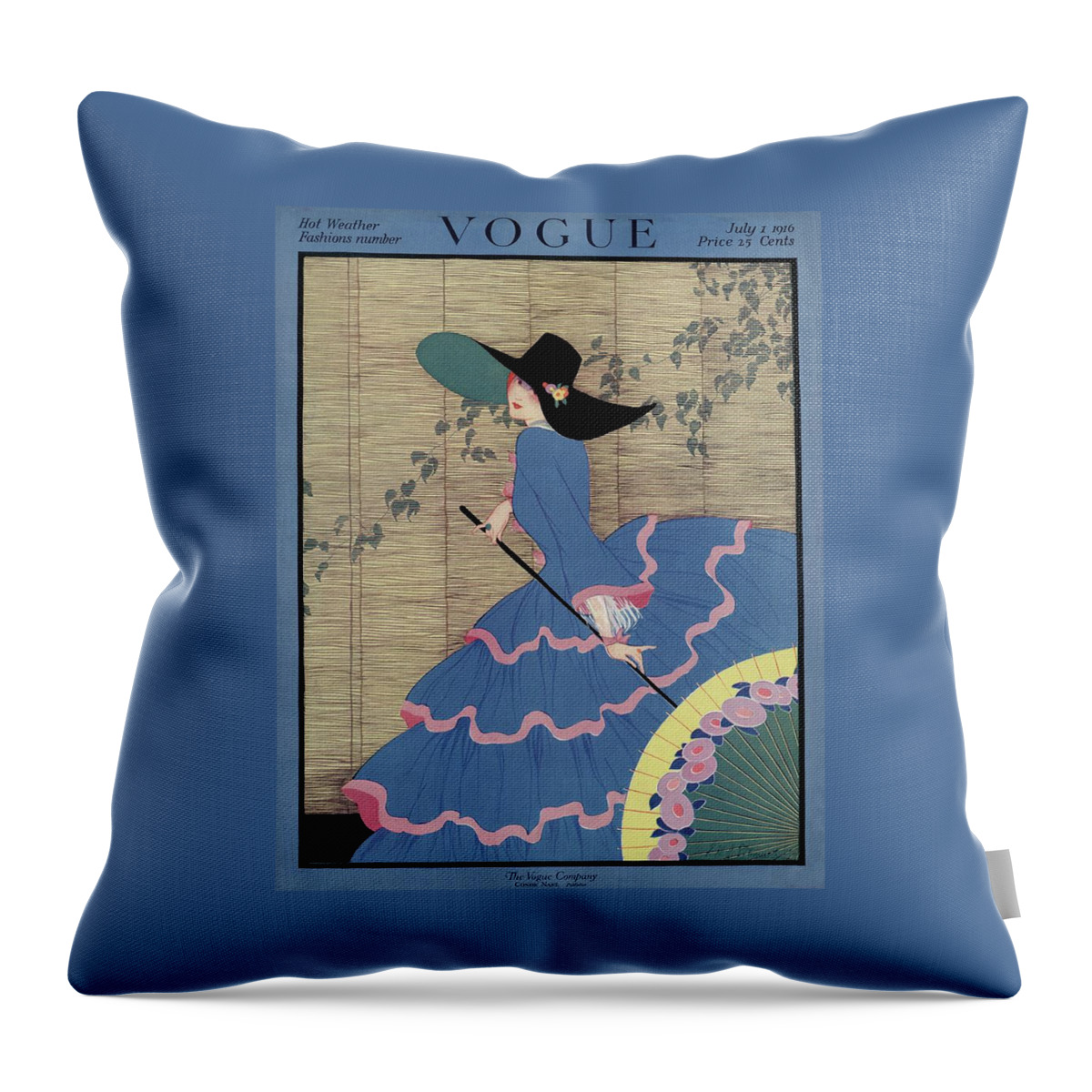 Vintage Vogue Cover Of A Woman In A Tiered Blue Throw Pillow
