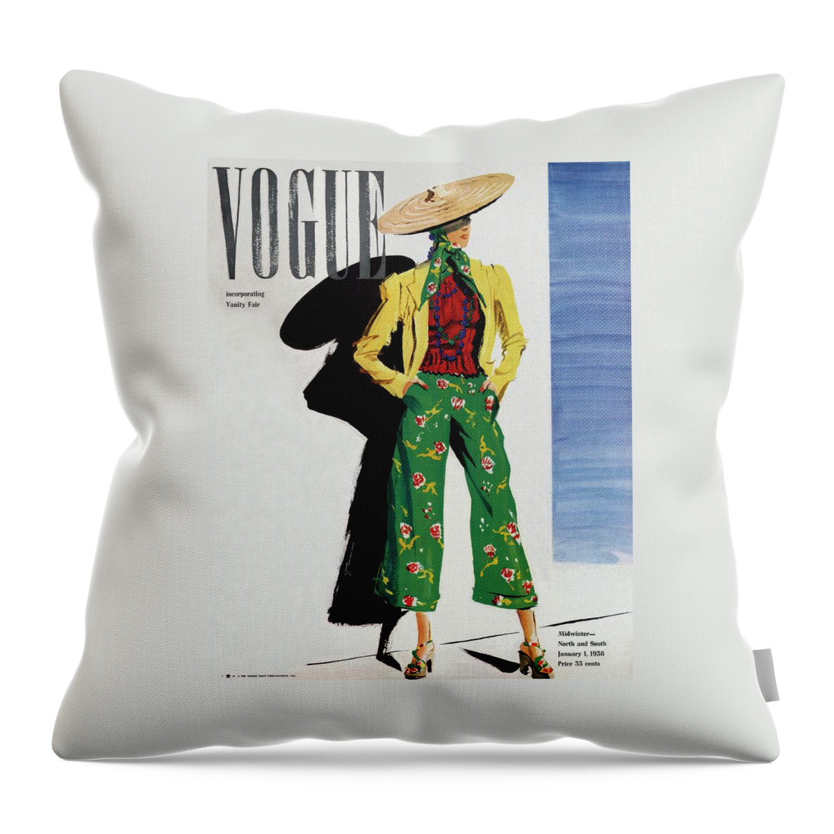 Vintage Vogue Cover Of A Woman In Green Florals Throw Pillow