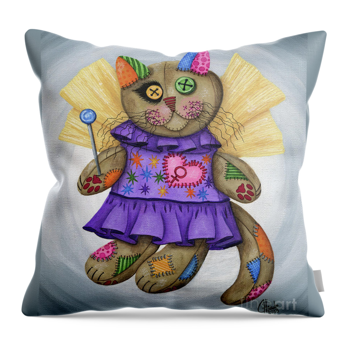 Cat Decor Throw Pillow featuring the painting Voodoo Empress Fairy Cat Doll - Patchwork Cat by Carrie Hawks