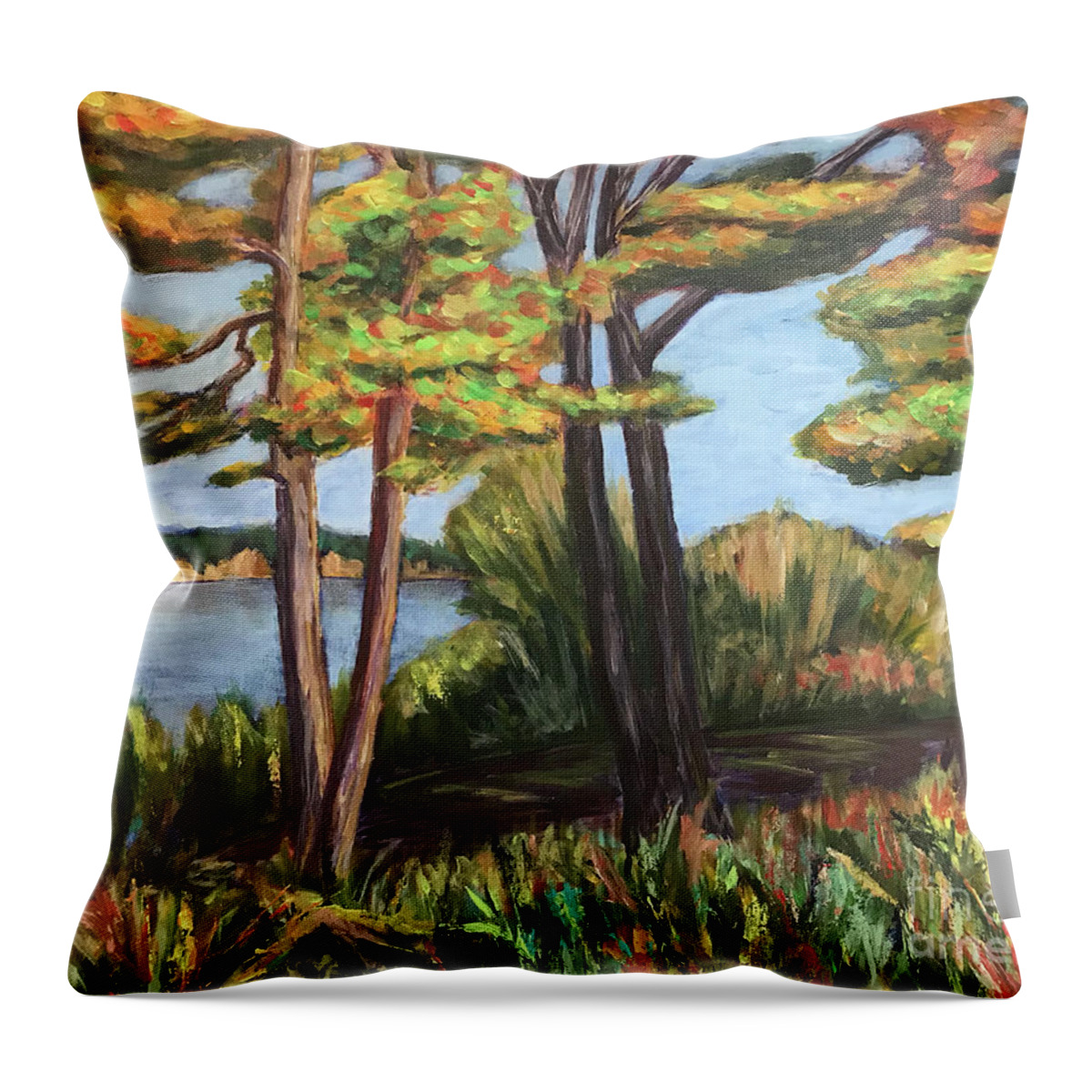 Autumn Throw Pillow featuring the painting Walk At Lake Wilcox by Christine Chin-Fook