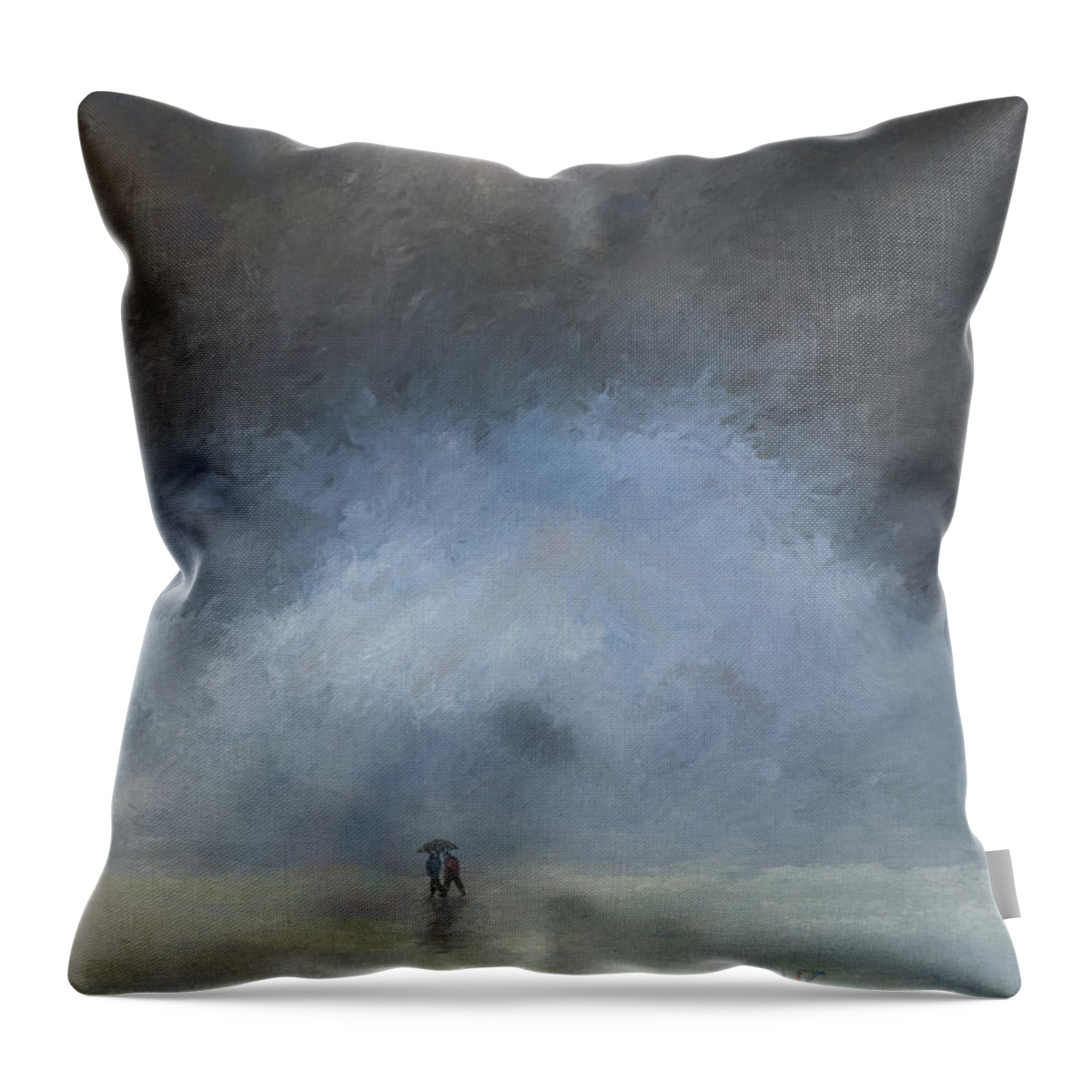 Beach Throw Pillow featuring the painting Walking in the rain on the beach by Horst Rosenberger