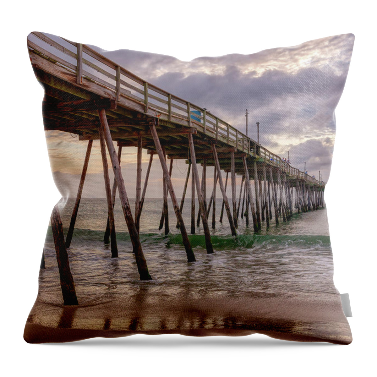 Ocean Throw Pillow featuring the photograph Warm Avalon Pier Sunrise by Donna Twiford