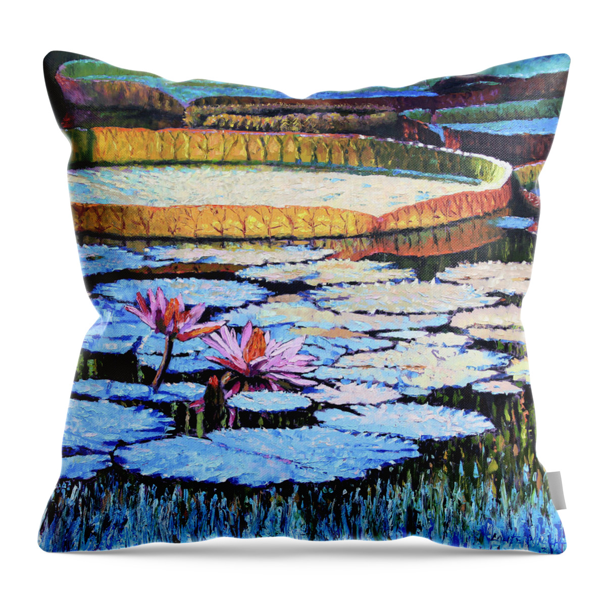 Water Lilies Throw Pillow featuring the painting Golden Light on Lilies #1 by John Lautermilch