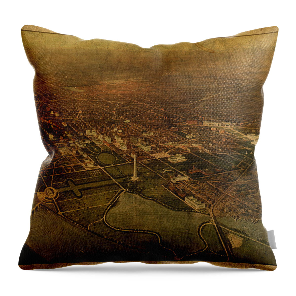 Washington Dc Throw Pillow featuring the mixed media Washington DC District of Columbia Vintage City Street Map Birds Eye View 1916 by Design Turnpike