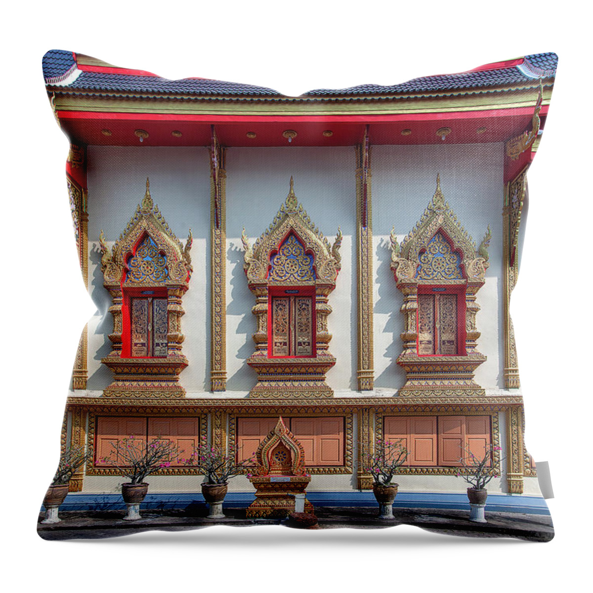 Scenic Throw Pillow featuring the photograph Wat Chai Mongkon Phra Ubosot Windows DTHLU0398 by Gerry Gantt