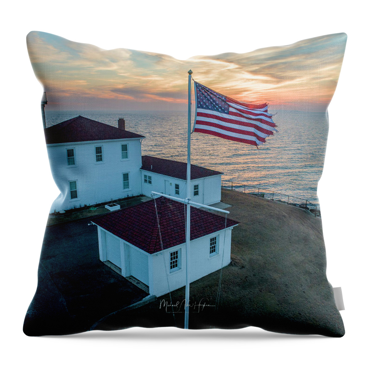 Lighthouse Throw Pillow featuring the photograph Watch Hill Lighthouse #1 by Veterans Aerial Media LLC