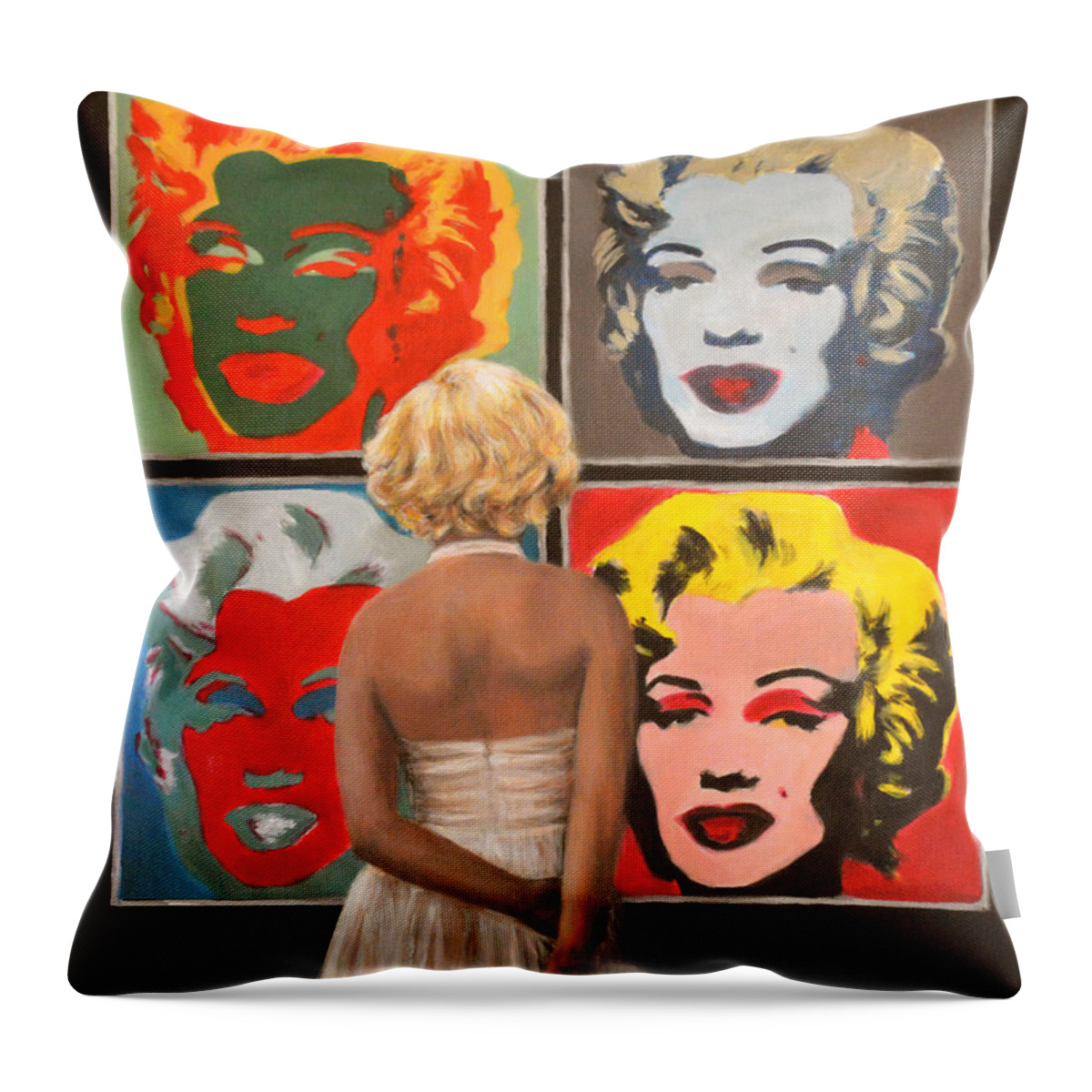  Throw Pillow featuring the painting Watching Warhol Monroe by Escha Van den bogerd