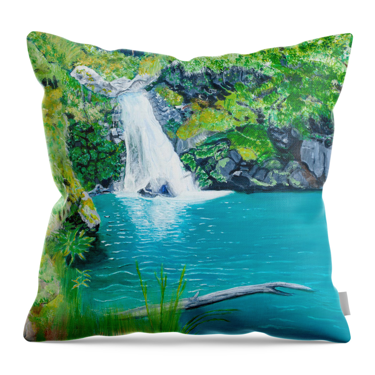 Waterfall Pool Hawaii Nature Landscape Peaceful Throw Pillow featuring the painting Water Fall Pool 18x24 by Santana Star